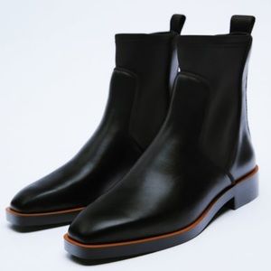 Zara Black Leather Ankle Boots with Brown Trim